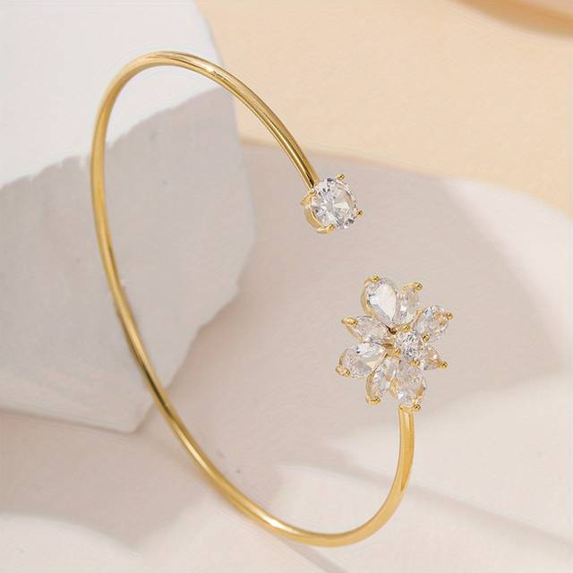 TEMU 18k Golden Plated Copper Bangle With Synthetic Zirconia, Vintage , Suitable For , Banquet, Valentine's Day, Birthstone