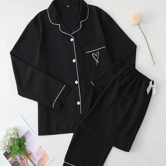 TEMU Heart Print Pajama Set, Long Sleeve Buttons Top & Waistband Pants, Women's Sleepwear & Loungewear For Fall