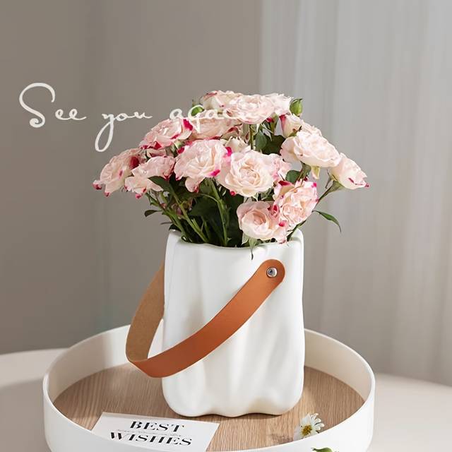 TEMU -chic Plastic Vase With Handle - -inspired, For Flowers, Porcelain Design, Home Decor