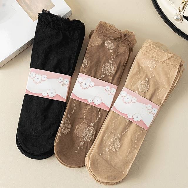 TEMU 3 Pairs Women's Floral Lace Trim Sheer Mesh Ankle Socks - Breathable Soft Stretchy Short Socks For Spring Summer Casual & Formal Wear, Delicate Sock Design, Decorative Embroidery
