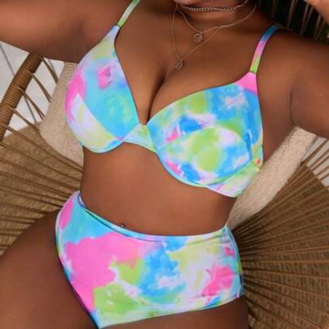Slaydiva Plus Size Women&#39;s Random Print Adjustable Strap Backless Sexy Beach Vacation Bikini Swimsuit