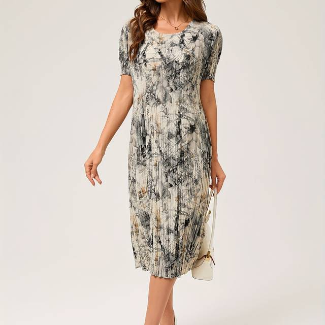 TEMU Plus Size Tie Dye Print Midi Dress, Elegant Crew Neck Short Sleeve Dress, Women's Plus Size Clothing