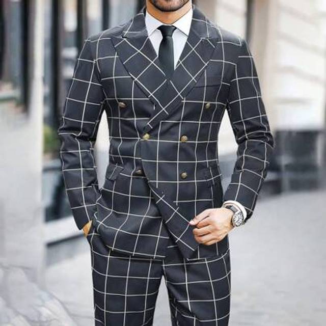 SHEIN Men&#39;s Fashion Plaid Double-Breasted Blazer And Pants Suit Set