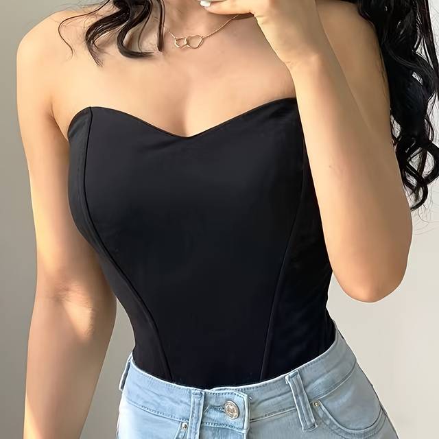 TEMU Elegant Off-shoulder Corset Tank Top - Slim Fit, Fishbone Support, Solid Black, Stretchy Polyester Blend, Machine Washable, Women’s Fashion Essential
