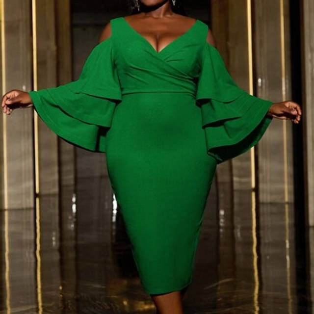 SHEIN Elegant Plus Cut Out Shoulder Surplice Neck Layered Flared Sleeves Party Dress, Evening Dress, Wedding Guest Dress