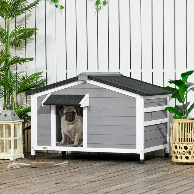 TEMU Wooden Dog Kennel, Elevated Dog Kennels For Outside With Openable Top, Asphalt Roof, Windows, Curtain, Removable Tray, Adjustable Legs, Dog House Outdoor For Small Dogs, 97 X 72 X 65cm, Grey