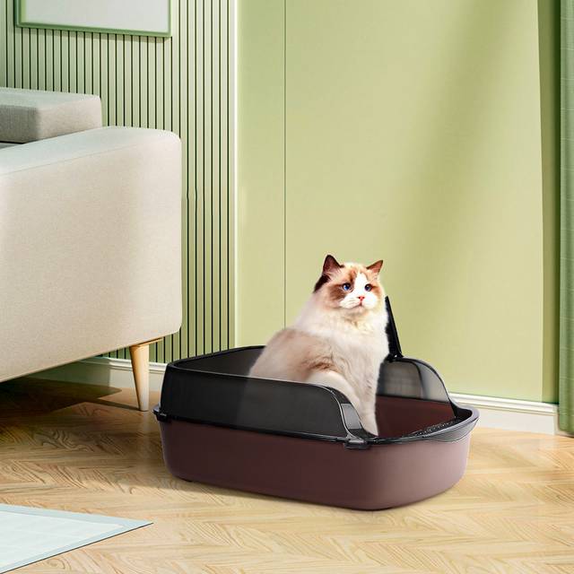 TEMU Extra Large High Fence Semi-enclosed Cat Litter Box Thickened Cat Toilet With Litter Pet Supplies Brown 50*34*18cm
