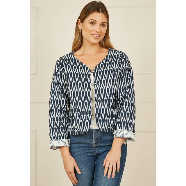 Yumi Navy Ikat Reversible Cotton Quilted Jacket - Size 8 UK - Yumi
