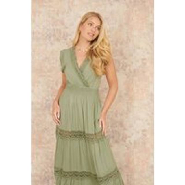 Yumi Women's Light Green Lace Trim Maxi Dress New Look - UK 14