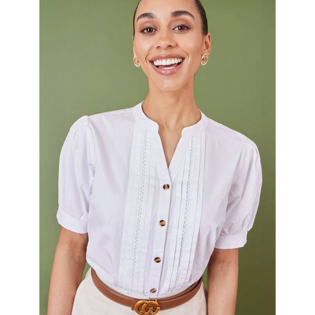 Yumi White Cotton Pleated short Sleeve Shirt - Size 16 UK - Yumi
