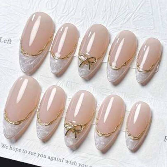 SHEIN 10pcs Hand-Made Vine Gold Edged Silver/White Spiral Patterned Luxury Bow Spring Fresh Style Nail Stickers Press On Nails - Elegant Faux Pearl Texture
