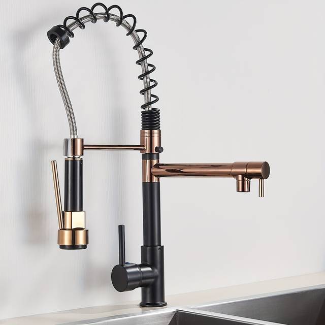 TEMU 1pc Kitchen Sink Taps, Black And Rose Golden Faucet Pull Down Dual Spouts Single Handle Water Mixer Tap 360 Rotation Kitchen Mixer Tap