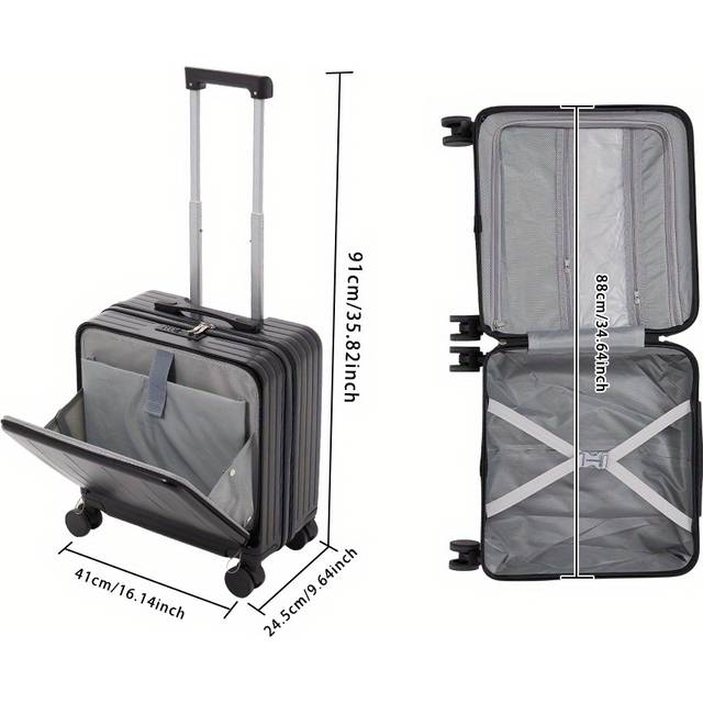 TEMU 18-inch Lightweight Travel Suitcase With Dual Laptop Compartments, & 360° Spinner Wheels - Black Abs Hard Shell Carry-on Luggage For Business Trips And Travel, Luggage For Travel