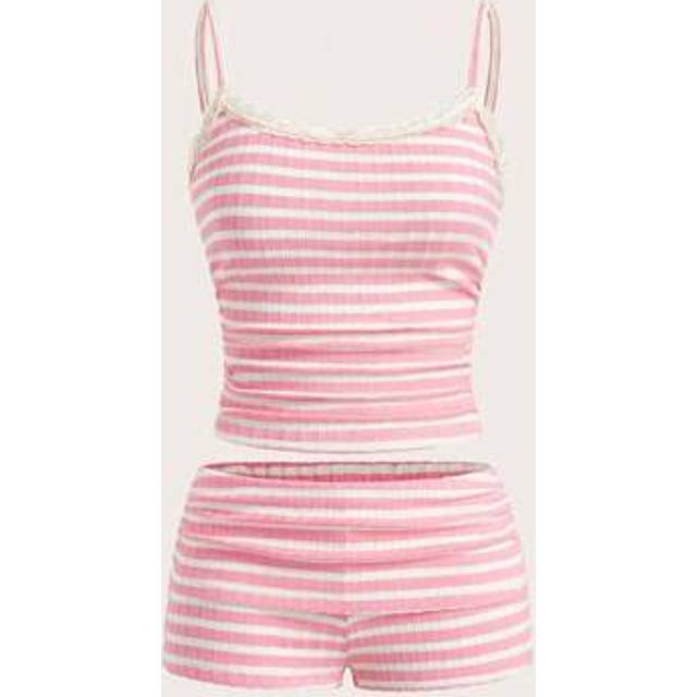 SHEIN Striped Lace Trim Camisole & Shorts Pajamas Set, Homewear