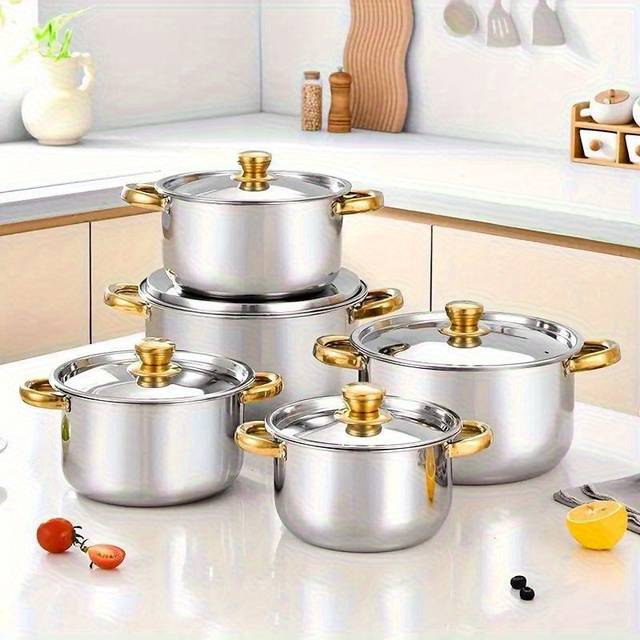 TEMU High- Quality Cookware Set - Stainless Steel, 5 Pots With 5 Lids - Dual Handles, Suitable For Home And Restaurant Use, Ideal For Healthy Cooking