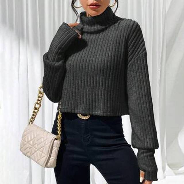SHEIN Women Casual Solid Color Ribbed High Neck Drop Shoulder Loose T-Shirt, Autumn/Winter