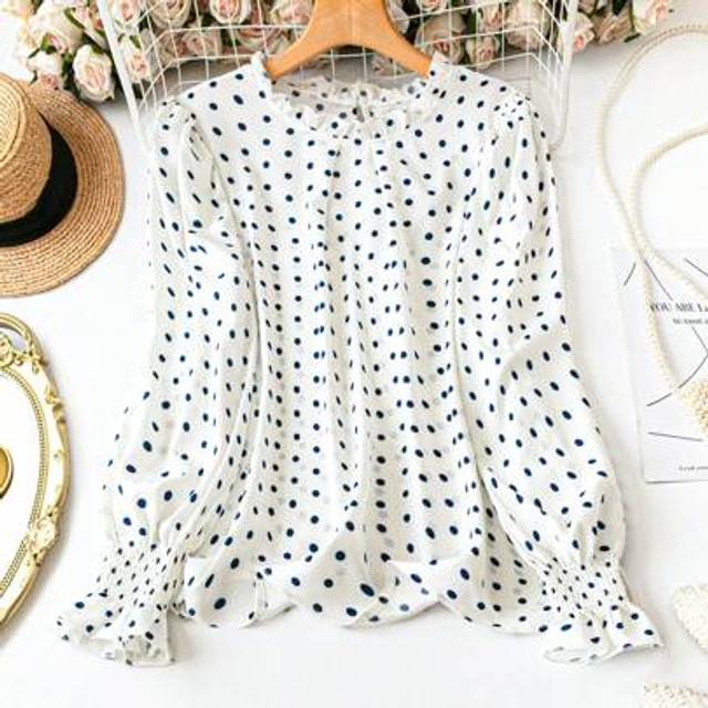 SHEIN Plus Size Women Polka Dot Print Ruffle Hem Loose Long Sleeve Blouse