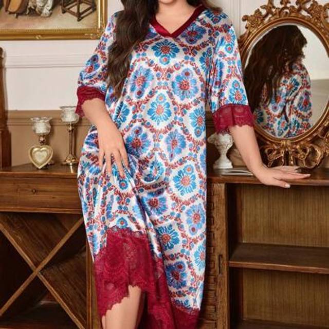 SHEIN Plus Size Lace Trim Imitation Silk Nightgown