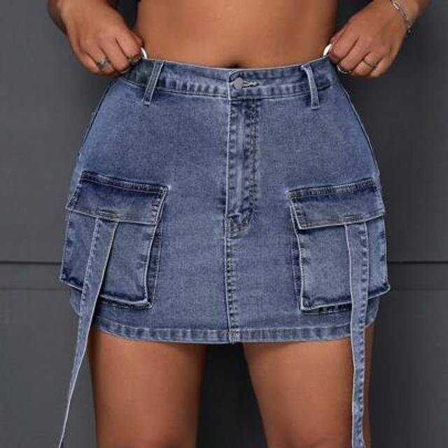 SHEIN Plus Size Solid Color Denim Skirt With Pockets And Zipper, Summer