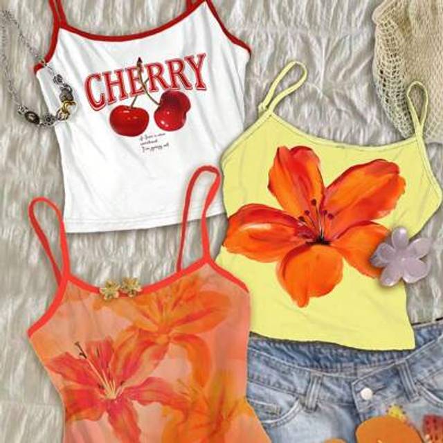 Attitoon 3pcs Sexy Cute Cherry, Orange, Hibiscus Floral Print Spaghetti Strap Camisole Tops, Beach Holiday Style For Women, Suitable For Summer