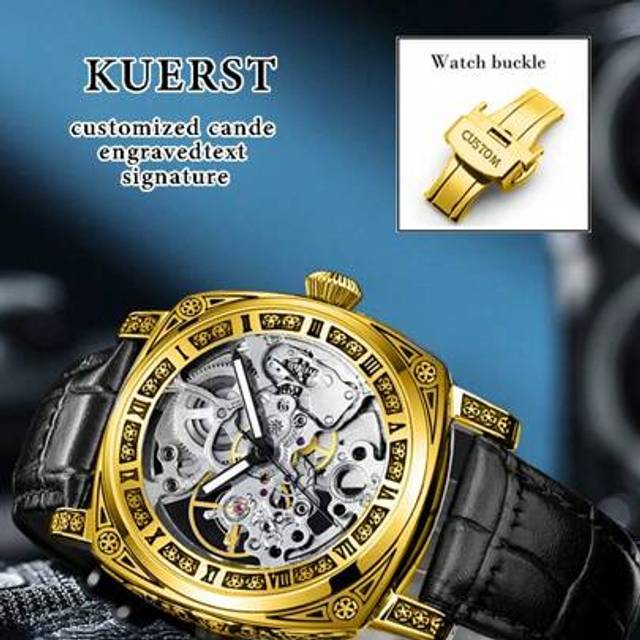 SHEIN [Customizable] KUERST Brand Men&#39;s Ultra-Thin Leather Belt Automatic Mechanical Watch, Customizable Exclusive Text And Logo, 3D Multilayer Hollow Dial,