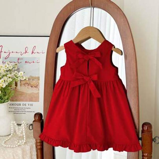 Söt Elegant Röd Rosett Dekor Sommarklänning För Baby Girls (6-9M,9-12M,12-18M,18-24M,2-3Y)