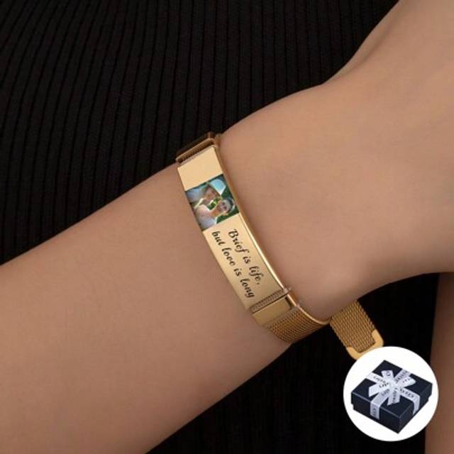 1 st anpassade färgfotograverade namnarmband, personligt justerbart bandarmband i rostfritt stål med ditt eget foto och namn, för alla hjärtans dag, å - Guld (En-Storlek)