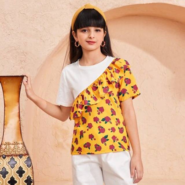 Tween Girls Casual Vacation Daily Rose Patchwork Ruffles Lös kortärmad T-shirt - Vitt (8Y,9Y,10Y,11Y,12Y)