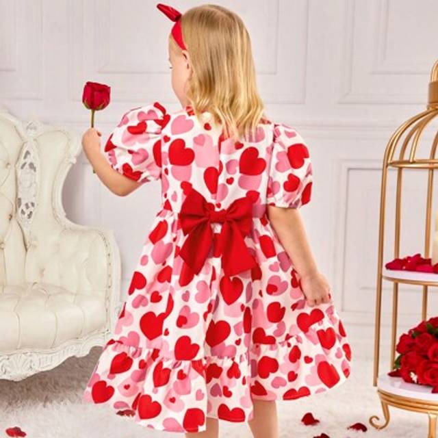 SHEIN Fern Glow  Girls&#39; Woven Heart Pattern Round Neck Puff Sleeve Bow Decor A-Line Dress