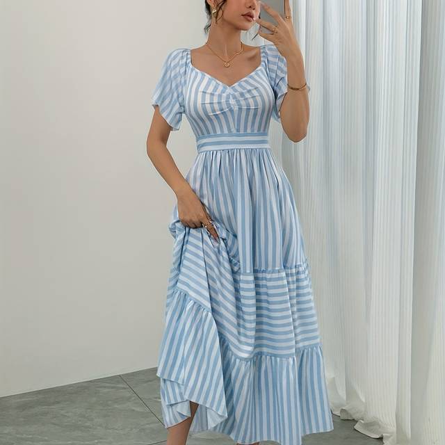 TEMU Elegant Blue And White Striped V-neck Midi Dress With Ruffle Hem, Chic A-line Spring/, Polyester Fabric, Machine Washable