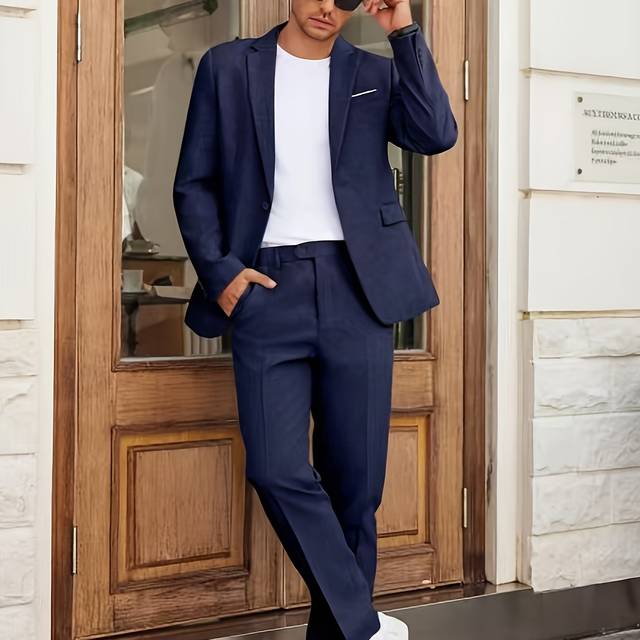 TEMU Men' Color Business Suit 2pcs Set, Suit Jacket + Pants, Suitable For Business Meetings, Wedding Banquets, Graduation Ceremonies, Parties