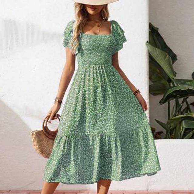 SHEIN Square Neck Ditsy Floral Casual Summer Short Sleeve Dress Maxi Vacation Beach Outfits Women