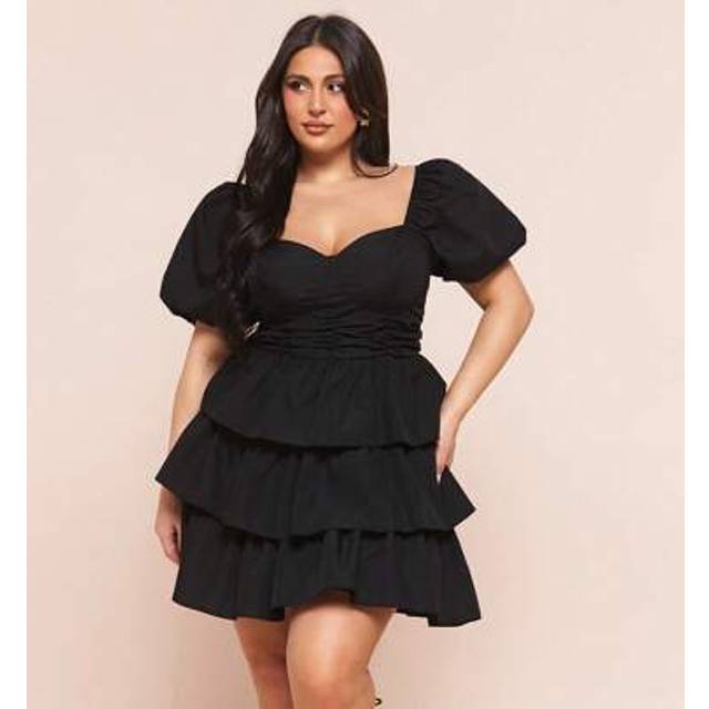 SHEIN Plus Size Women&#39;s Spring And Summer Black Elegant Puff Sleeves Gathered Multi-Layered Ruffle Short Dress,Graduation  Dress,Cut Out Dress,Maxi Skirt Co