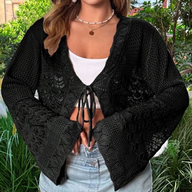SHEIN Plus Size Solid Color Fashion Tie-Up Bow Shell Trim Cropped Cardigan Shawl, Crochet Net Mesh Beach Cover Up, Bell Sleeve