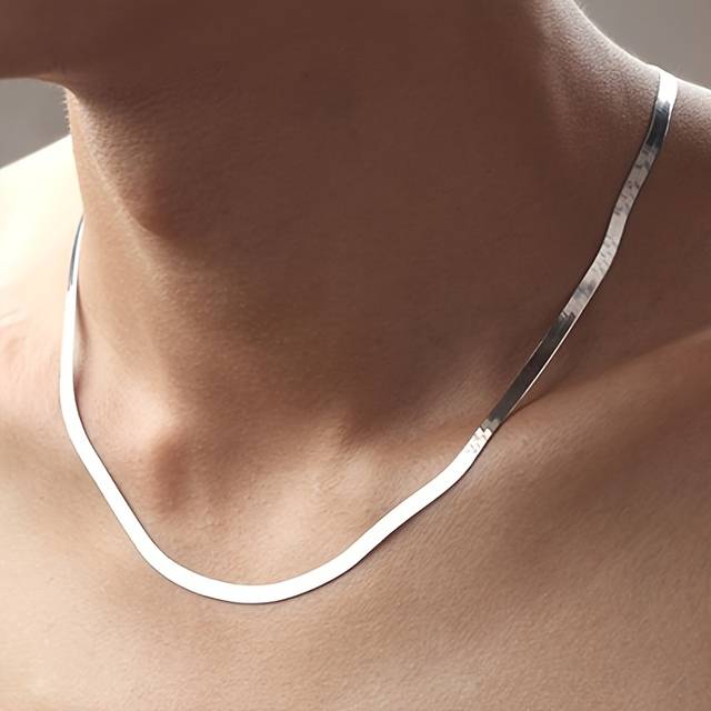TEMU 1pc Vintage Boho Style 925 Sterling Silver Flat Snake Bone Necklace, Unisex Clavicle Chain, Elegant Fashion Jewelry, Ideal For & Gifting, With Christmas Gift, Birthday Present, For Accessory