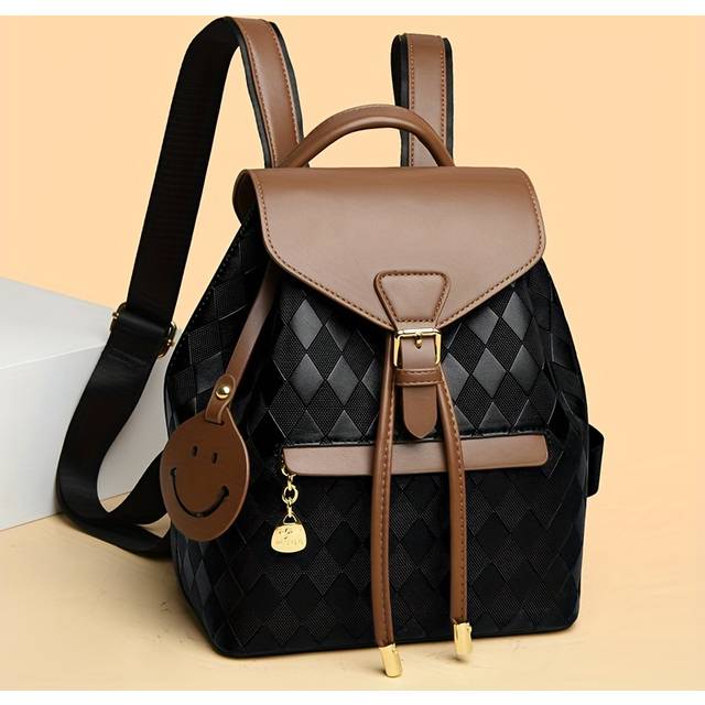 TEMU Stylish Quilted Pu Backpack For Women - Coffee Color With Golden , Adjustable Shoulder Straps, And Face Charm - Work, Travel, And Everyday Use, Travel Backpack