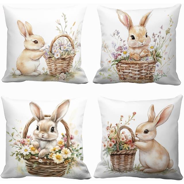 TEMU 4pcs Easter Bunny And Floral Basket Cushion Covers, 17.72x17.72 Inch, Zippered Polyester Throw Pillow Cases For Home, Office, And -