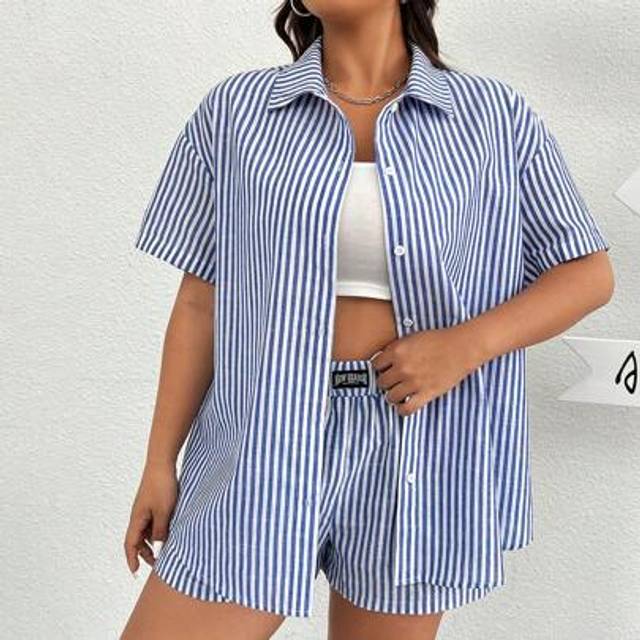 SHEIN Plus Size Woven Blue & White Striped Casual Shirt And Shorts Set, Summer