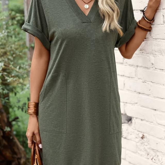 TEMU Plus Size Solid Simple V Neck Dress, Casual Short Sleeve Dress For , Women's Plus Size Clothing