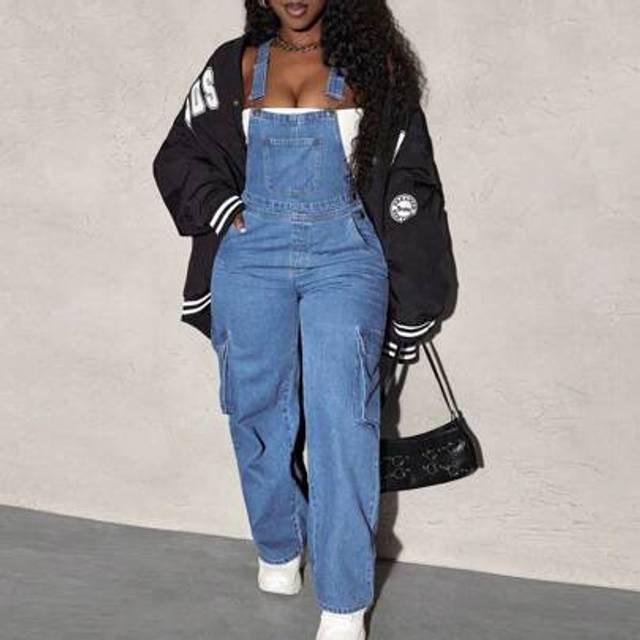Kvinnors Casual ärmlös Jumpsuit i massiv jeans med fickor - Ljustvätt (L,M,S,XL,XXL)
