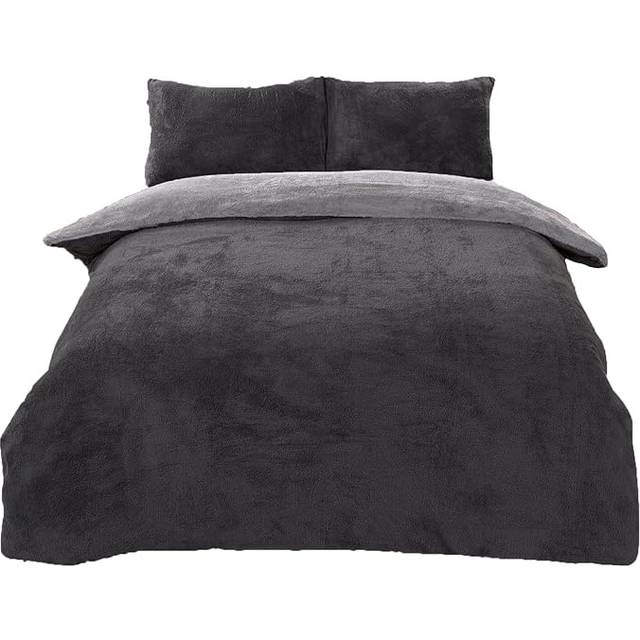 Teddy Fleece Reversible Duvet Set - Grey / Double