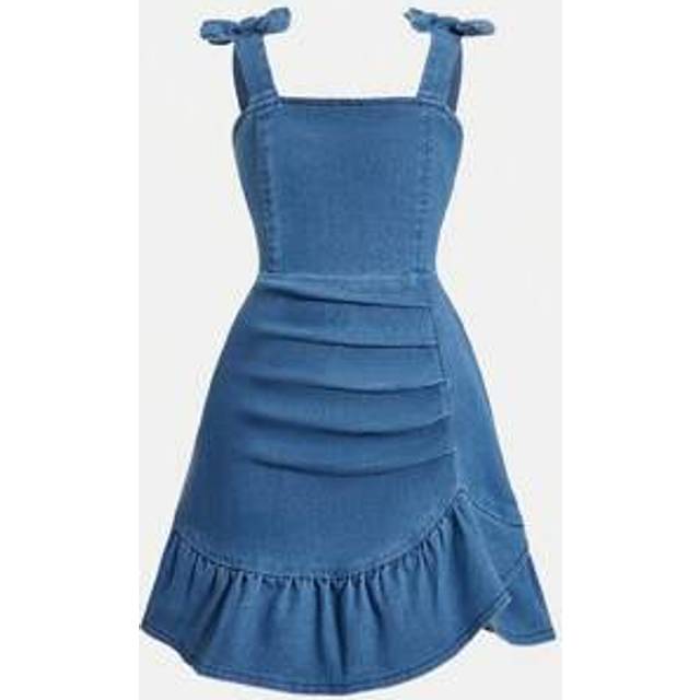 SHEIN Young Girl&#39; Casual Cute Bow Denim Ruched Strap Sleeveless Dress, Lightweight, Fashionable & Comfortable For Summer