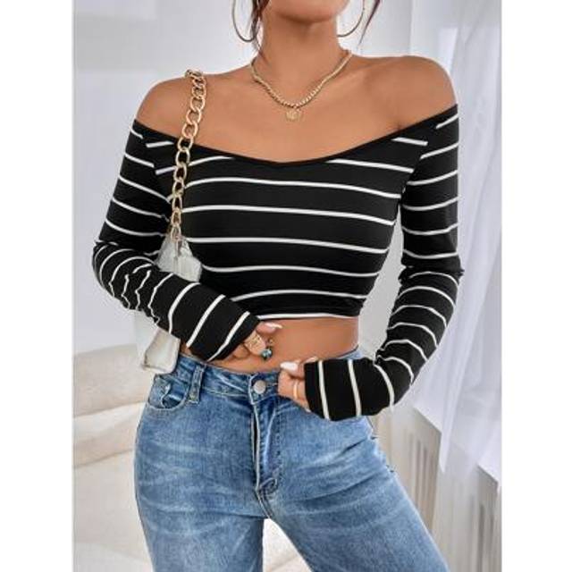 SHEIN Striped Print Off Shoulder Crop Tee