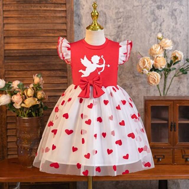 SHEIN Girls Valentine&#39;s Heart Pattern Flocked & Mesh Splice Spring/Summer Dress