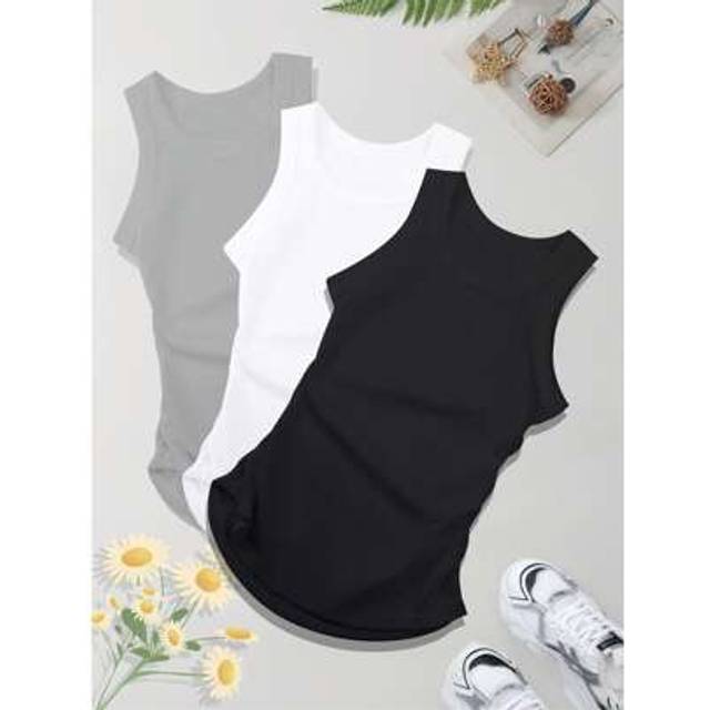 SHEIN 3pcs Women&#39;s Sleeveless Ribbed Racerback Camisole Tops, Summer Breathable Comfort Fitness & Casual Tank Tops, With Ruched Side Design