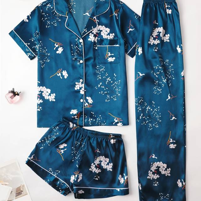 TEMU Women's Floral Print Satin Elegant Pajama Set, Short Sleeve Buttons Lapel Top & Shorts & Pants, Comfortable Relaxed Fit