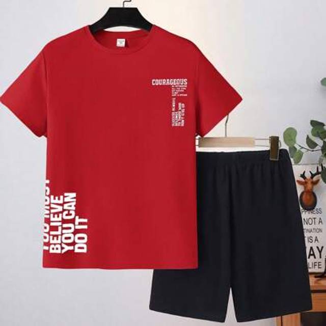 SHEIN 2pcs Casual Teen Boy Letter Print Short Sleeve T-Shirt And Shorts Pajama Set