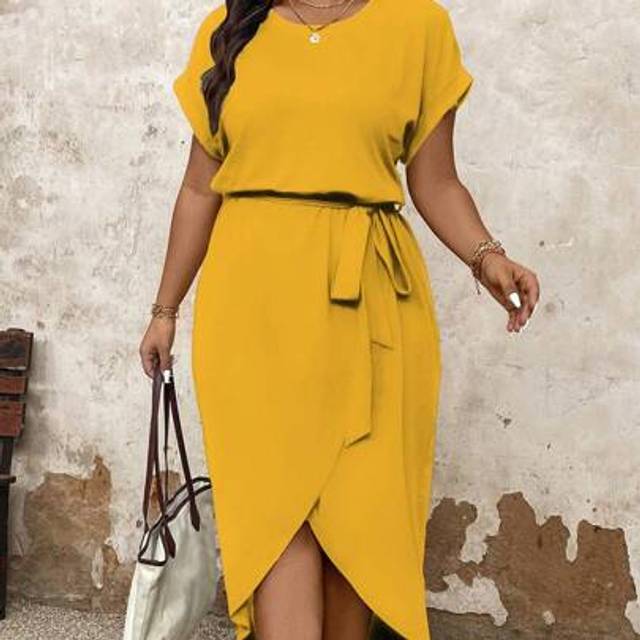 SHEIN Plus Size Women&#39;s Solid Round Neck Batwing Short Sleeve Asymmetrical Hem Casual Dress, Summer Maxi Women Outfit