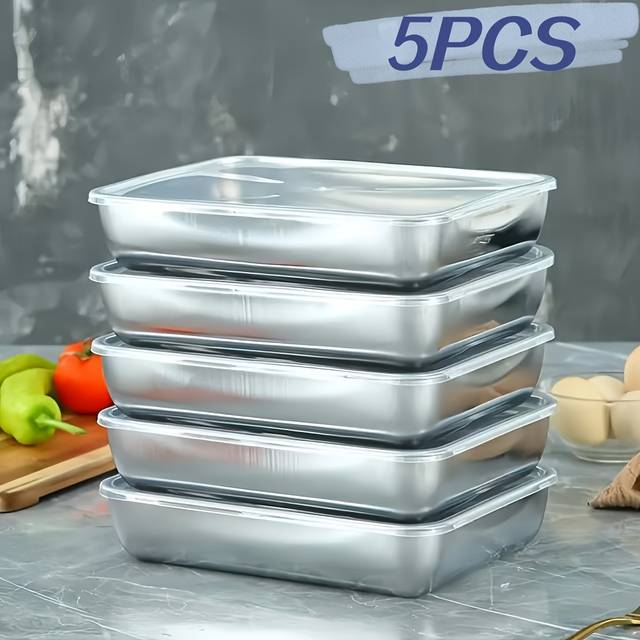 TEMU 5pcs Stainless Steel Food Storage Containers, Stackable With Sealed , Microwave Safe, , Square Shape, For Salad, Fruit, Food Storage, Kitchen Organization, Refrigerator , Freezer Safe, Meal Prep
