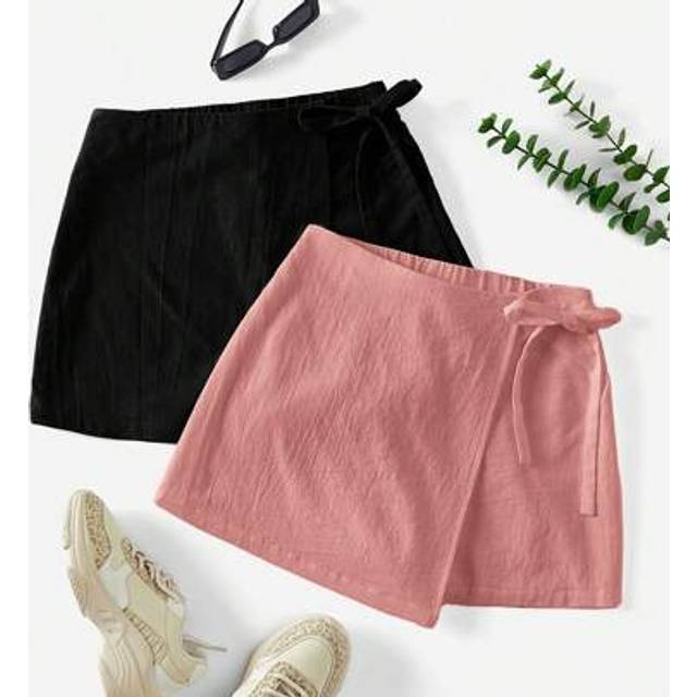 SHEIN Women&#39;s Solid Color Knotted Asymmetric Hem Casual Shorts For Summer 2 Packs Skirt With Shorts Bow Shorts Women Linen Shorts